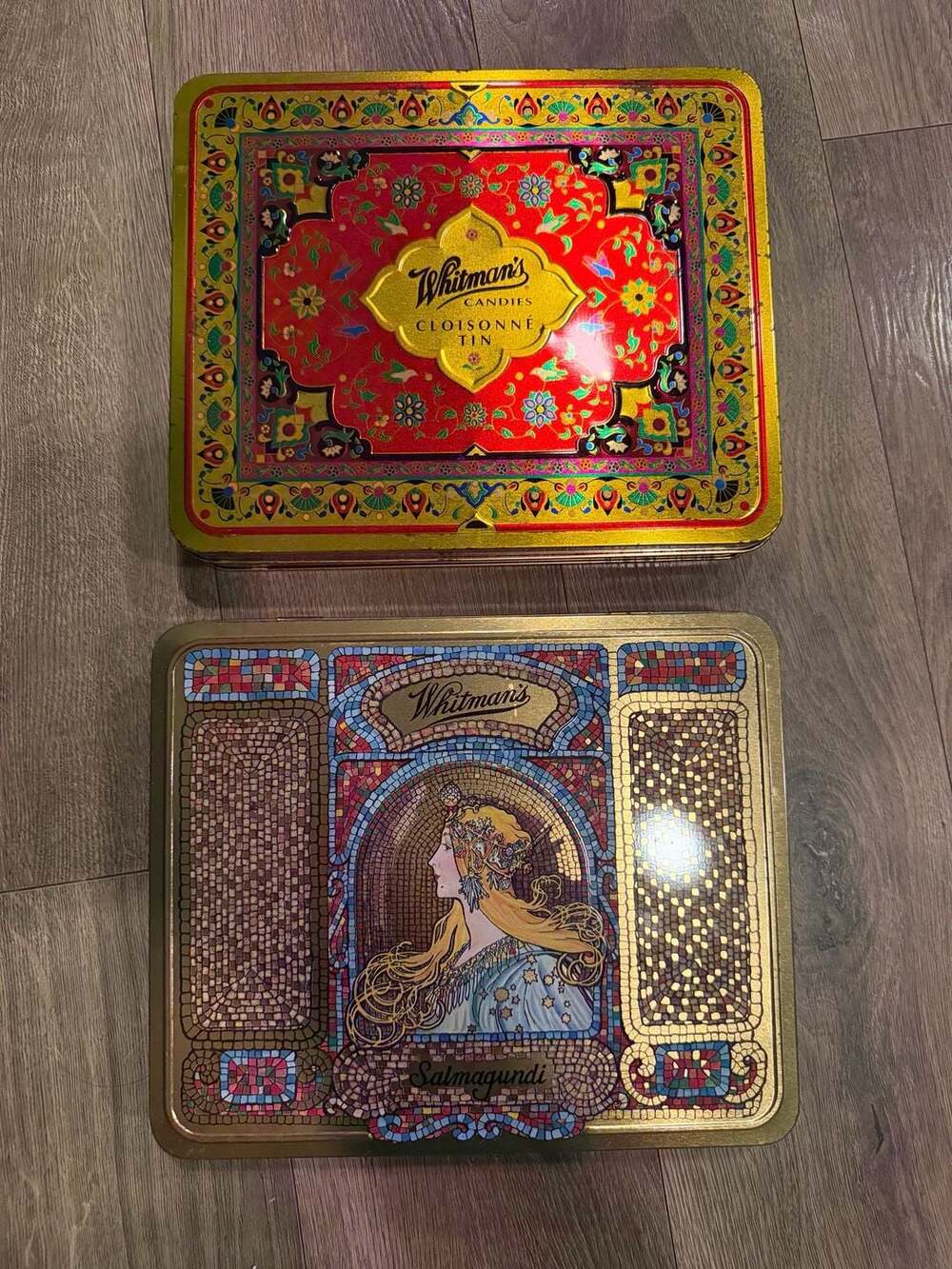 2 Vintage Whitman's Candies Collector's Tins Cloisonne Salmagundi Alphonse Mucha